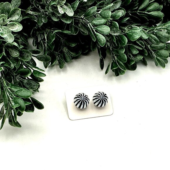 Striped Black & White Round Stud Earrings - Picture 3 of 6